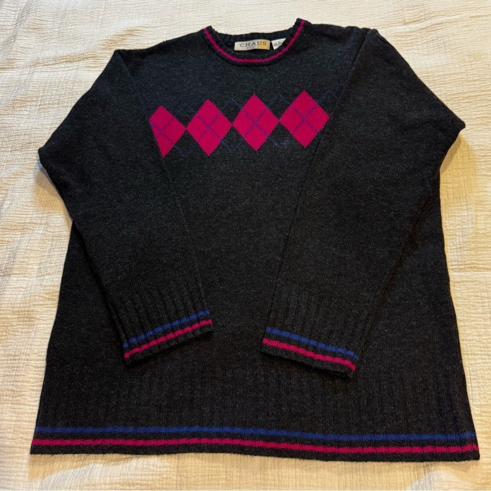 Vintage CHAUS Argyle Crew neck Sweater Gray Pink Blue Lambswool Women’s Large